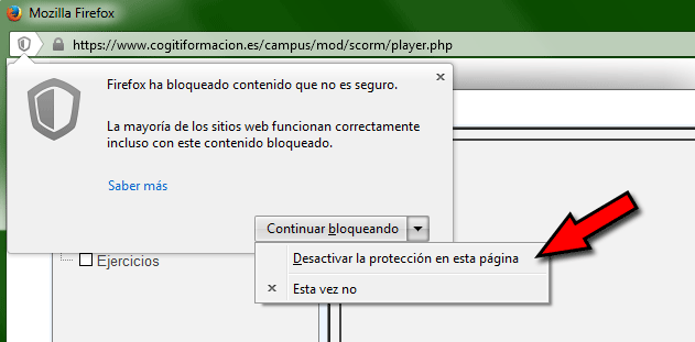 Desbloquear contenido mixto, paso 2: desplegar menú y escoger 'Desactivar protección en esta página'.