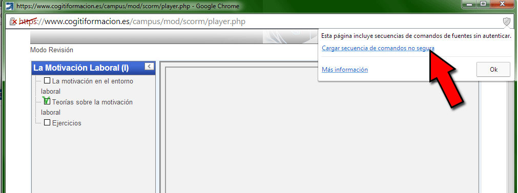 Desbloquear contenido mixto, paso 2: escoger 'cargar secuencia de comandos no segura'